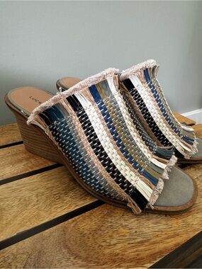 Lucky Brand Multicolor Woven Fringe Wedge Sandals - Blue/Tan/Black